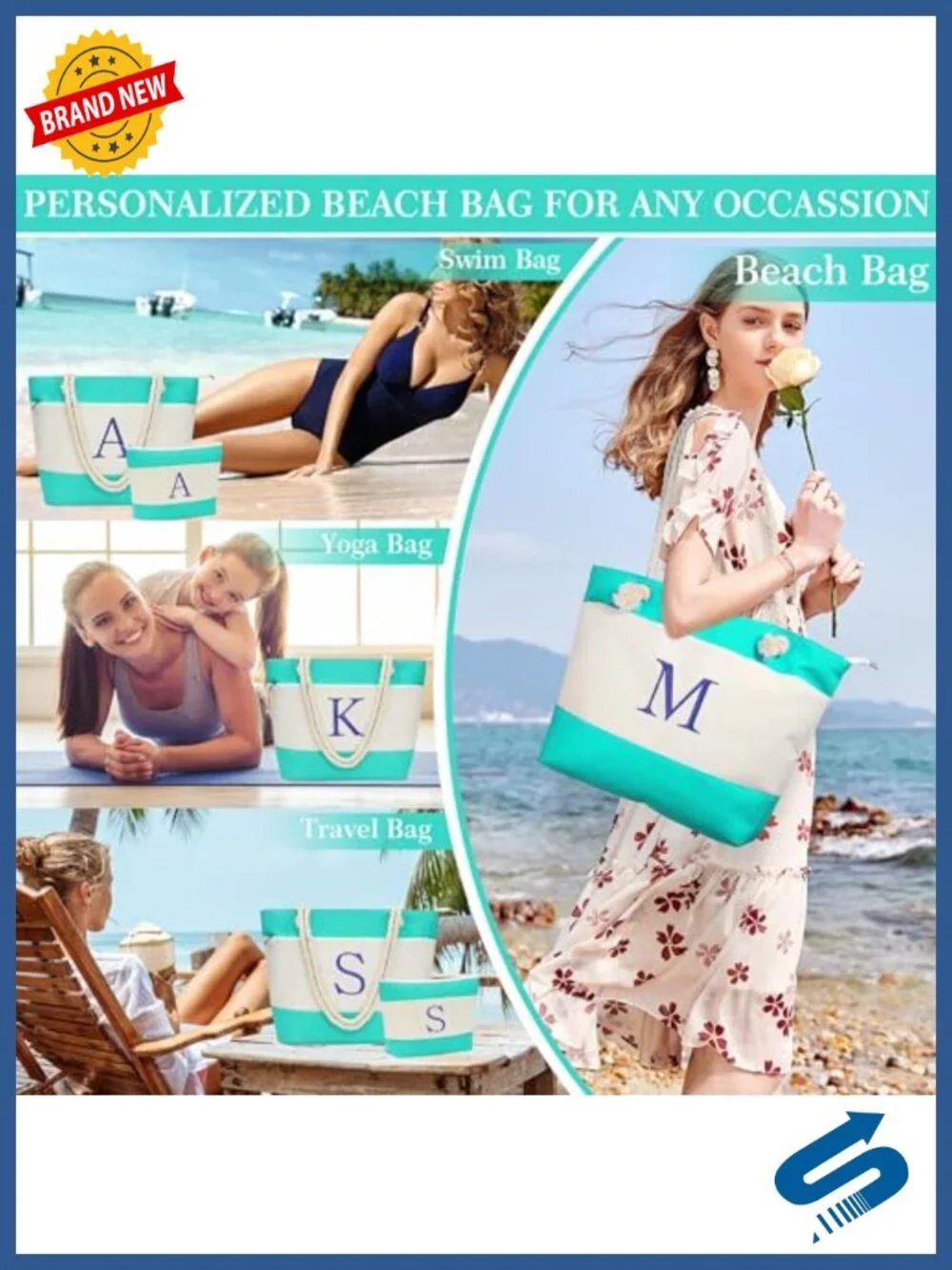 Large Canvas Waterproof Beach Tote with Zipper Closure
